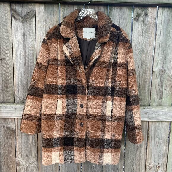 American Eagle Outfitters Women's Plaid Oversized Teddy Jacket Brown Size XS - Picture 1 of 9